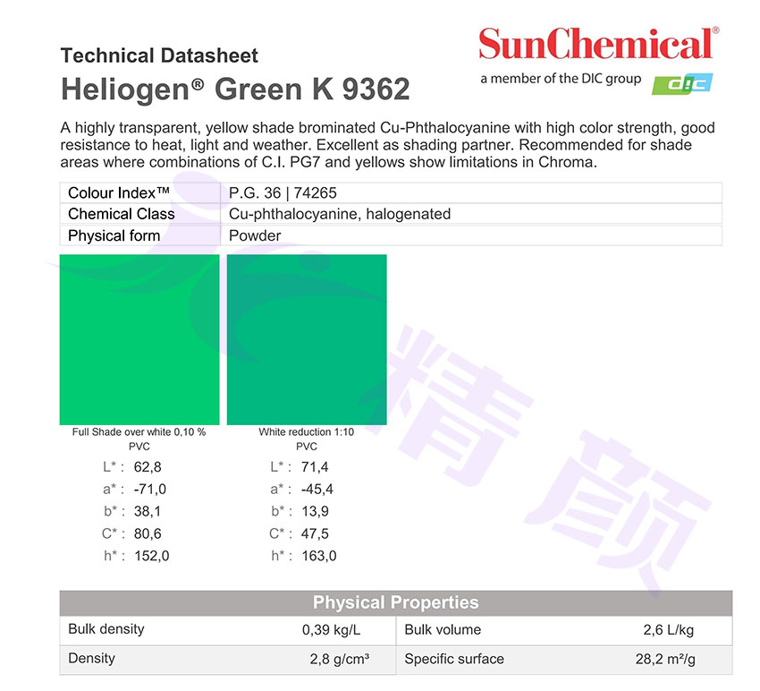 DIC Heliogen Green K9362酞菁綠有機顏料TDS